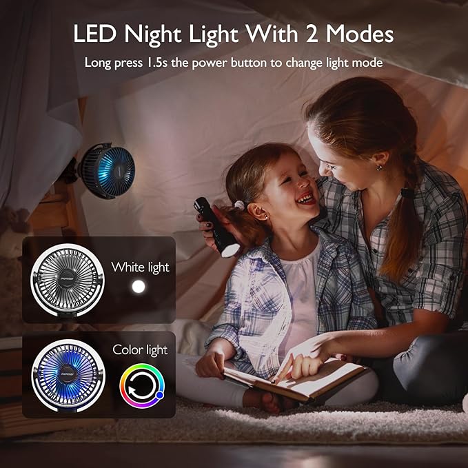 Momcozy 8000mAh Portable Stroller Fan | 27H Ultra-long Battery Life | Detachable 4 Speed 360°Rotate | 2 Modes LED Night Light, USB Rechargeable Handheld Cooling Fan for Travel, Car Seat, Bedroom - Image 6