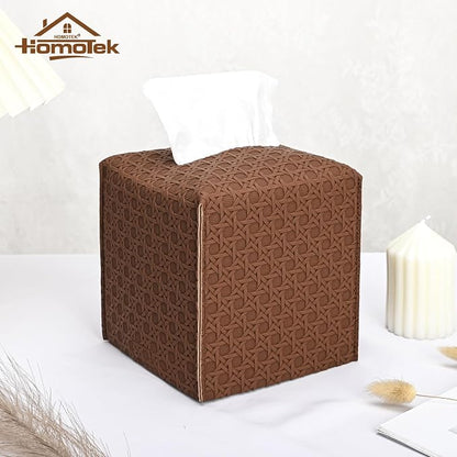 HOMOTEK 2 Pack Tissue Box Cover, Square PU Leather Tissue Holder, Decorative Facial Tissue Cube Paper Organizer Dispenser for Bathroom, Night Stands, Desk, Car 5X5X5'' - Rattan Weave,Chocolate - Image 3