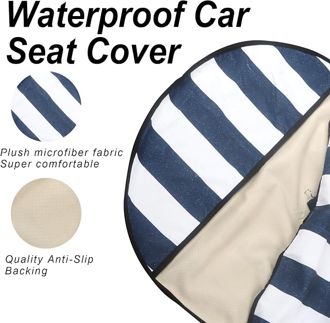 Sweat Towel Car Seat Cover Protector Front Seats for Gym Workout, Running, Swimming, Beach and Hiking, Waterproof Universal Seat Cover for Car, Trucks, Van & SUV (2, White/Blue Stripe, Front) - Image 4
