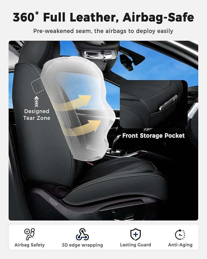 Huidasource Car Seat Covers Full Set Luxury Nappa Leather, Seat Cover with Velcro Adjustable, Airbag, Lumbar Support, Cooling and Heating, Car Seat Covers Universal Fit for Most Cars SUV Trucks, Black - Image 4