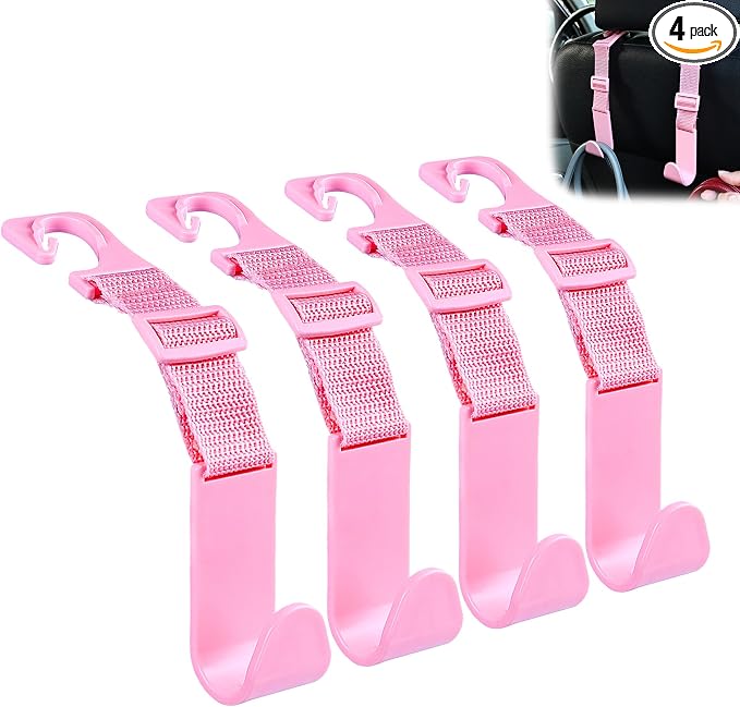 4-Pack Car Headrest Hooks, 40lb Load, Adjustable Car Hooks | Fits most headrest bars, Holds backpacks, umbrellas, water bottles, coats, purses, handbags, groceries, Pink by Unknown