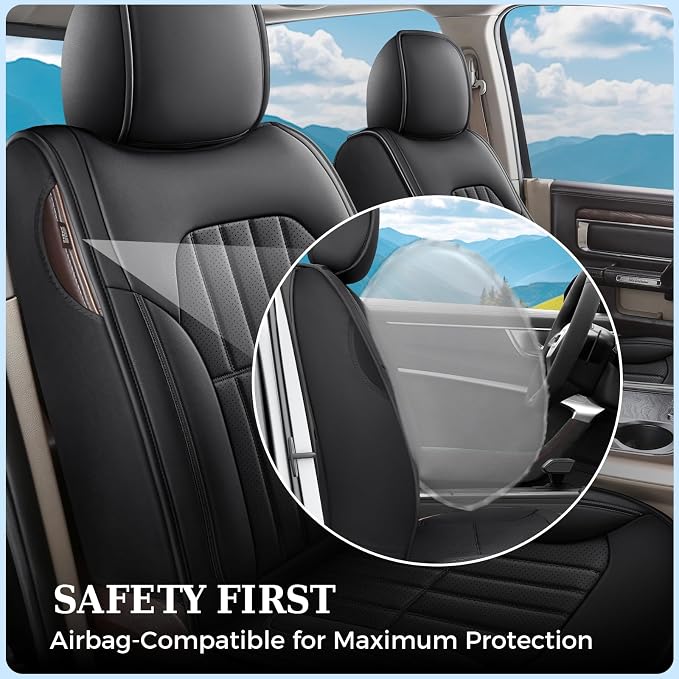 Truckiipa Seat Covers for Dodge Ram 1500 Full Set, Full Coverage Waterproof Leather Protectors Pickup Truck Accessories, Custom Fit for 2002-2026 Ram 1500 2500 3500 Crew Mega Cab, Black - Image 3