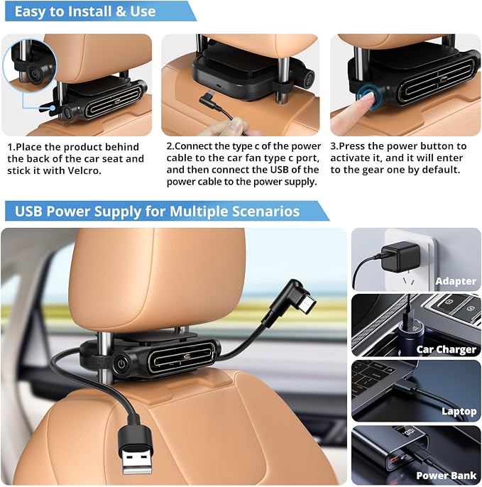 USB Car Seat Fan for Backseat - 3 Speeds (No Battery, Not Rechargeable) | Quiet Mini Portable Neck Fan for Car Accessories, Cooling Fans for Baby Kids Rear Facing, Carseat Fan for Jeep SUV Van Truck - Image 7