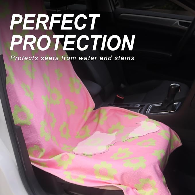 Sweat Towel Car Seat Cover Protector Front Seats for Gym Workout, Running, Swimming, Beach and Hiking, Waterproof Universal Seat Cover for Car, Trucks, Van & SUV (2, Pink Flower, Front) - Image 3