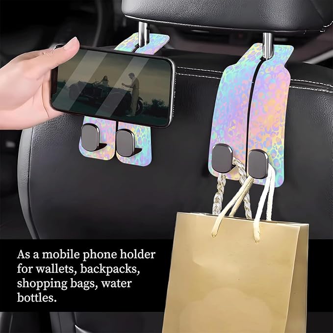 Car Seat Headrest Hook, Universal Leather Cute Hanger Holder Hook, Storage Organizer Interior Accessories for Purse Bags Handbag Colorful Cute Leopard - Image 2