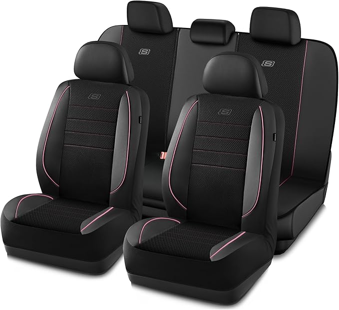 Skechers Air-Cooled Memory Foam Seat Covers,Mesh Thick Car Seat Covers,Piping Leather Car Seat Cover,Airbag Compatible,Automotive Comfort for Most Cars, Vans, Trucks, SUV(Pink, Full Set) by Unknown