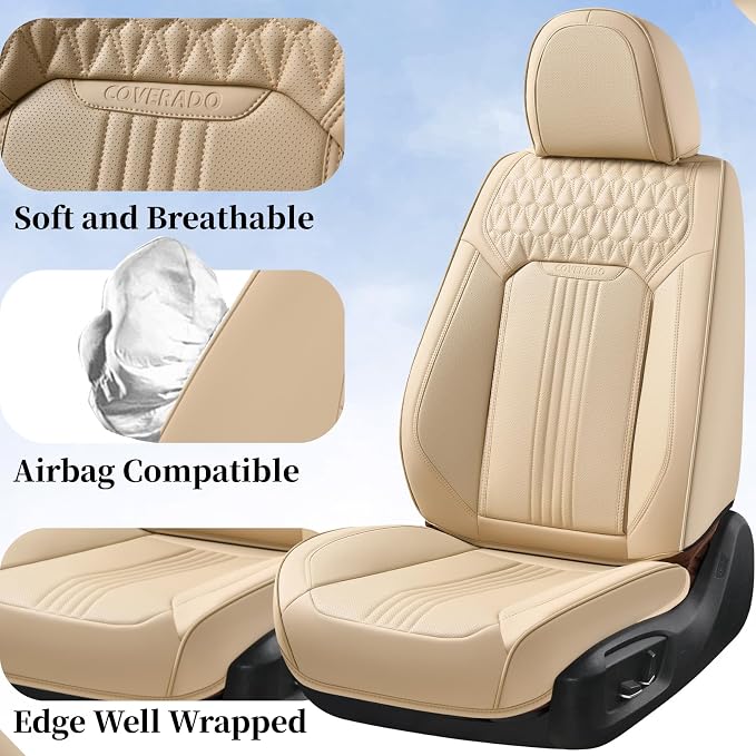 Coverado Front Seat Covers, Leather Car Seat Cover, Waterproof Car Seat Protector, Driver Seat Covers Car Seat Cushion Universal Fit for Most Cars, Beige - Image 2