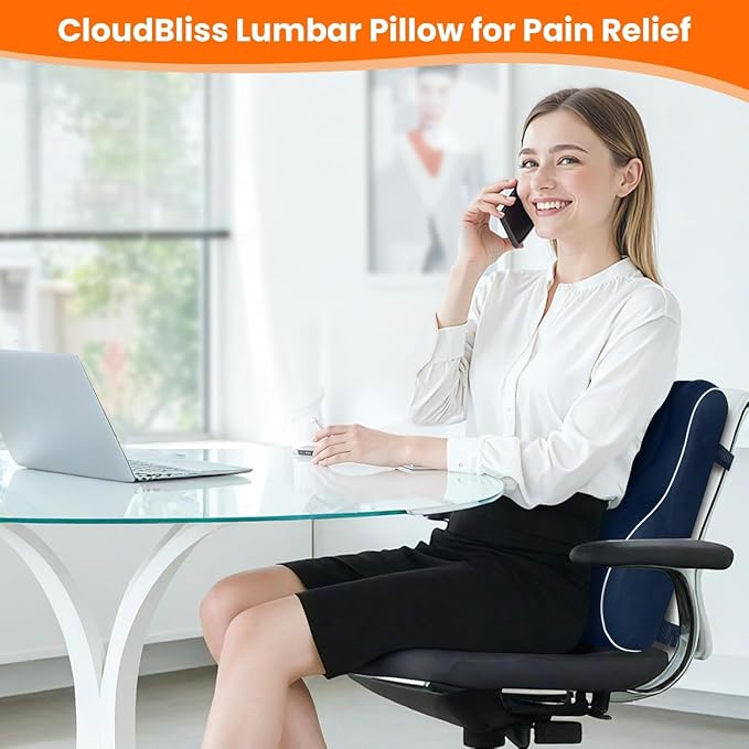 CloudBliss Lumbar Support Pillow, Memory Foam for Office, Standard, Blue | Ergonomic High-Density Memory Foam, Adjustable Straps, Washable Mesh Cover, Lower Back Support for Office, Gaming & Car Seat - Image 2