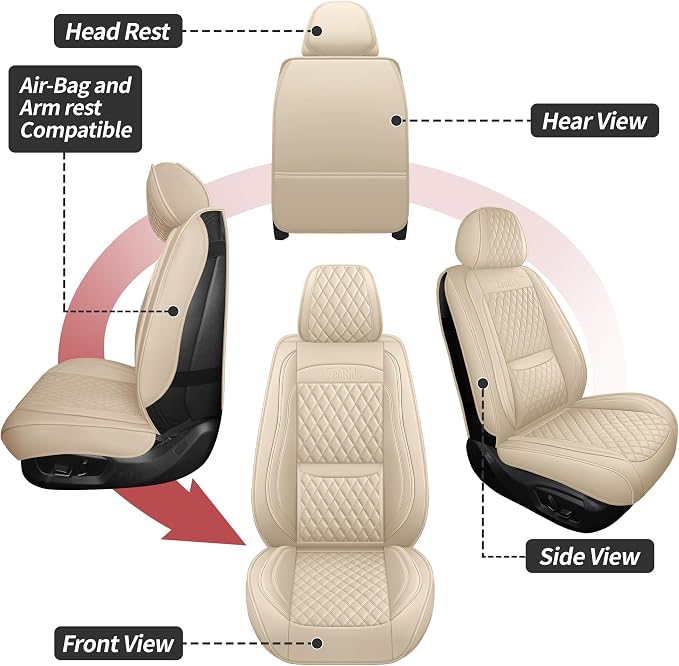 Light Beige Thick Nappa Leather Automotive Front Car Seat Covers Set of 2 | Univerasal Fit,Lumbar Support,3D Contoured,Waterproof,for most Suvs Trucks Sedans - Image 7