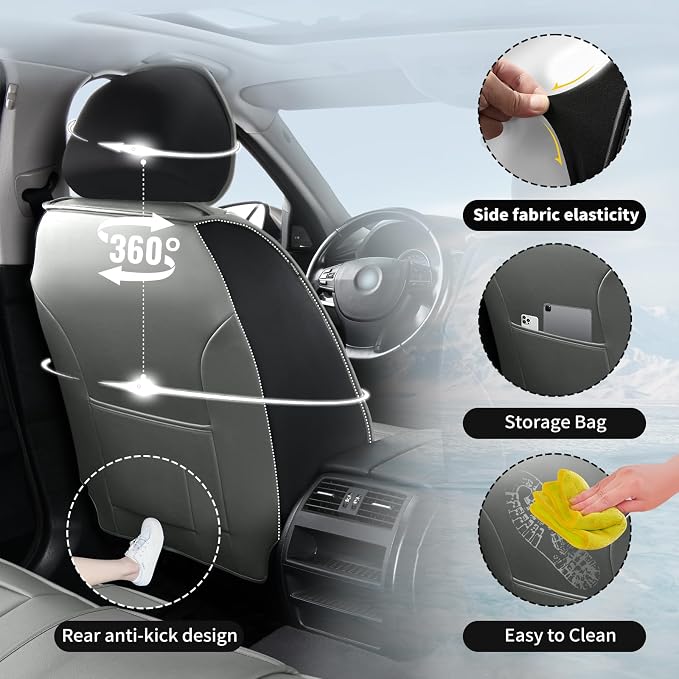 Fit Camry Car Seat Covers for Toyota Camry 2012-2025 2026 -Premium Leather, Waterproof，Breathable，All-Weather Seat Cushion Protecto & Airbag Compatible, Full Set Gray - Image 8