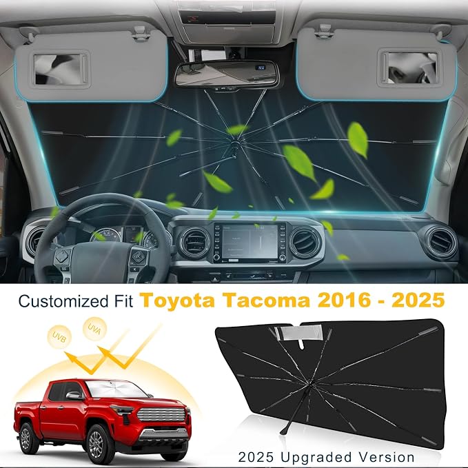 Windshield Sun Shade Umbrella Compatible with Toyota Tacoma 2016-2026, Upgraded Titanium Silver Sunshade with 360° Bendable Handle & Rearview Mirror Cutout, Reflective UV Heat Insulation - Image 2