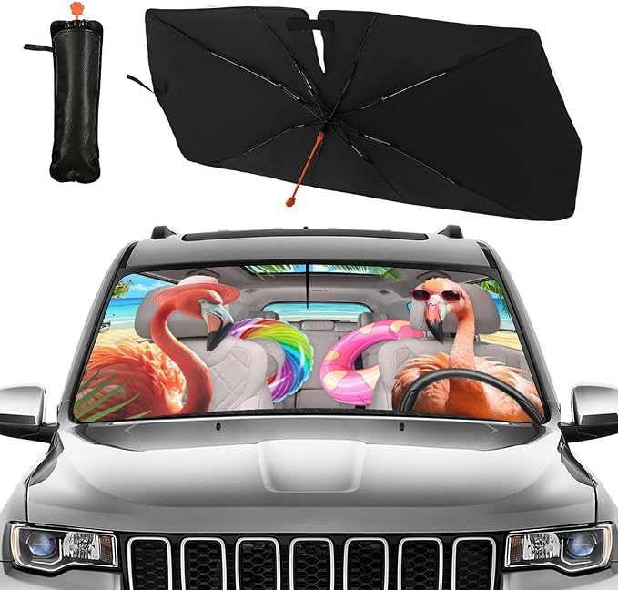 Funny Flamingo Driving Car Windshield Sunshade Umbrella Funny Flamingos Sun Shade for Car Windshield Umbrella Upgraded Sunshades Blocks UV & Heat Front Window Shades for SUV Sedan Auto - Image 2