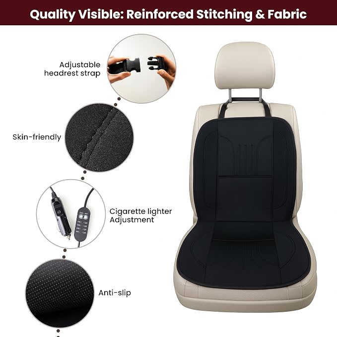 Car Seat Cushion Heated Seat Cover for Cars Trucks SUV Van | Comfortable Soft Seat Cushion for Driver or Passenger Black 1 Pack Waterproof Car Seat Cover (Black) - Image 2