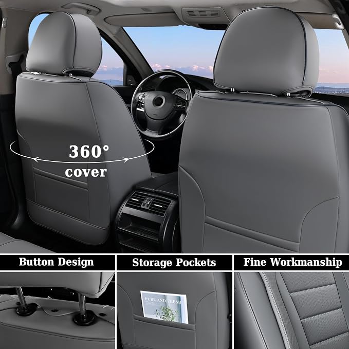 Coverado Car Seat Covers Full Set, Seat Covers for Cars, Gray Car Seat Cover, Waterproof Car Seat Protector, Nappa Car Seat Cushion, 5 Pieces Car Seat Covers Front Seats and Back Fit for Most Cars - Image 3