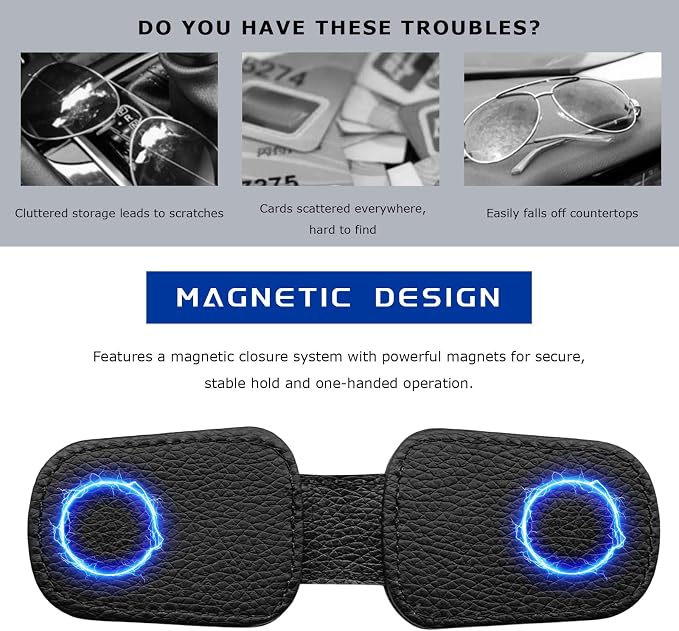Sunglass Holder for Car, Magnetic Leather Glasses Holder Auto Ticket Card Clip, Sun Visor Eyeglass Hanger Interior Accessories for Sedan Truck SUV, Car Accessories (Black) - Image 5