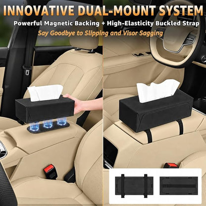 Car Tissue Holder with Magnetic & Strap Mount, Black, 1 Pack | PU Faux Leather, For Sun Visor, Seat Back, Console, Refrigerator, Fits Standard Tissue Packs - Image 2