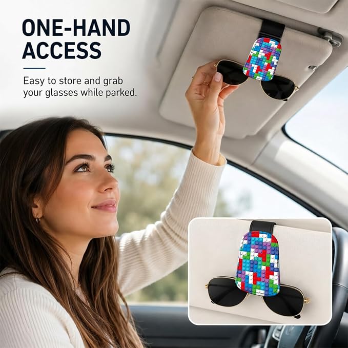Leather Magnetic Sunglass Holder for Car Sun Visor, Cute Eyeglass Ticket Card Hanger Clip, Universal Auto Interior Accessories for SUV Pickup Truck, Color Blocks - Image 2