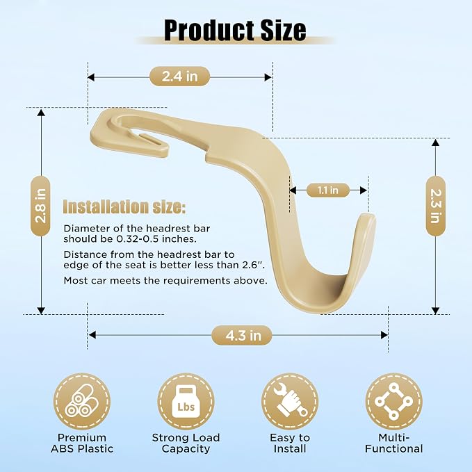 Amooca Car Seat Headrest Hooks 4-Pack Storage Organizer Holds 55 lbs | Universal Fit Most Car/SUV/Truck, Anti-drop, Hanger for Backpack Umbrella Water Bottle Coat Purses Handbags Groceries, Beige - Image 6
