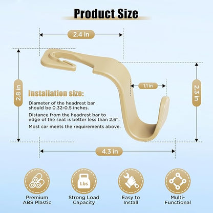 Amooca Car Seat Headrest Hooks 4-Pack Storage Organizer Holds 55 lbs | Universal Fit Most Car/SUV/Truck, Anti-drop, Hanger for Backpack Umbrella Water Bottle Coat Purses Handbags Groceries, Beige - Image 6