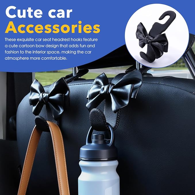 Car Seat Headrest Hooks, Leather Cute Bow Vehicle Hooks for Purses and Bags, Automotive Purse Hook Hanger Interior Decoration Accessories, Universal for SUV, Sedan, Truck (Black, 2 Pack) - Image 2
