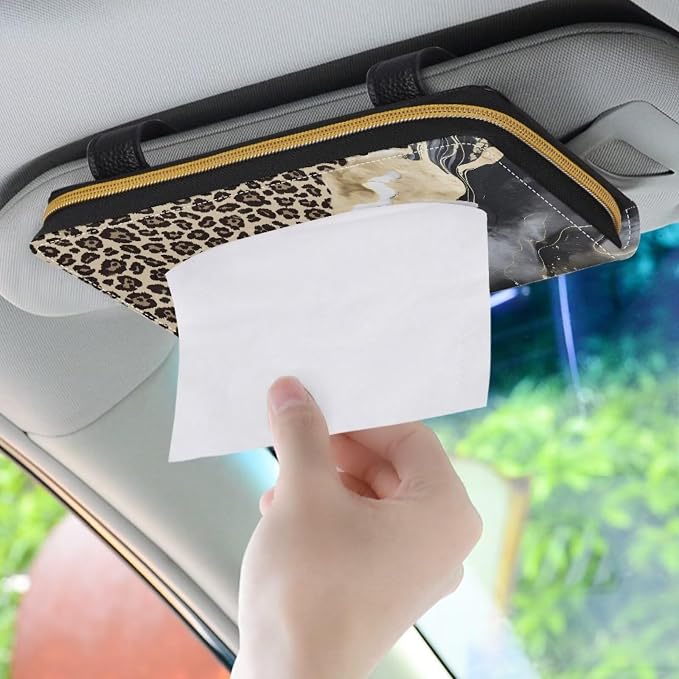 Biyejit Car Tissue Holder, Leopard Marble PU Leather Tissue Holder, Durable Sun Visor Tissue Holder Napkin Holder, Car Backseat Tissue Case Dispenser, 1 Pack - Image 3