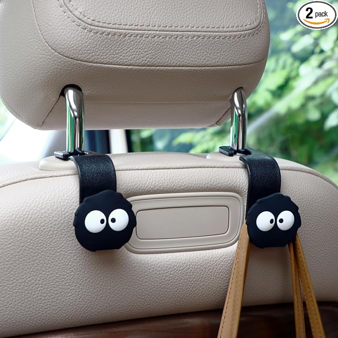 Black Cartoon Soot Sprite Car Bag Hooks, 2 Pack | Seat Headrest Hook,360° Rotation, 44LBS Heavy Duty,Universal Car Purse Hook Vehicle Hanger,Kawaii Car Accessories by MaPctSy