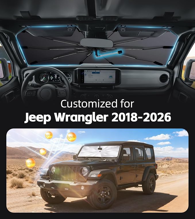 Windshield Sun Shade for Jeep Wrangler 2018-2026 with 360° Rotating Shaft | Custom Fit Umbrella Sunshade for UV Blocking, Interior Heat Protection, Easy Storage, UPF 50+ Cool Windshield Cover - Image 2