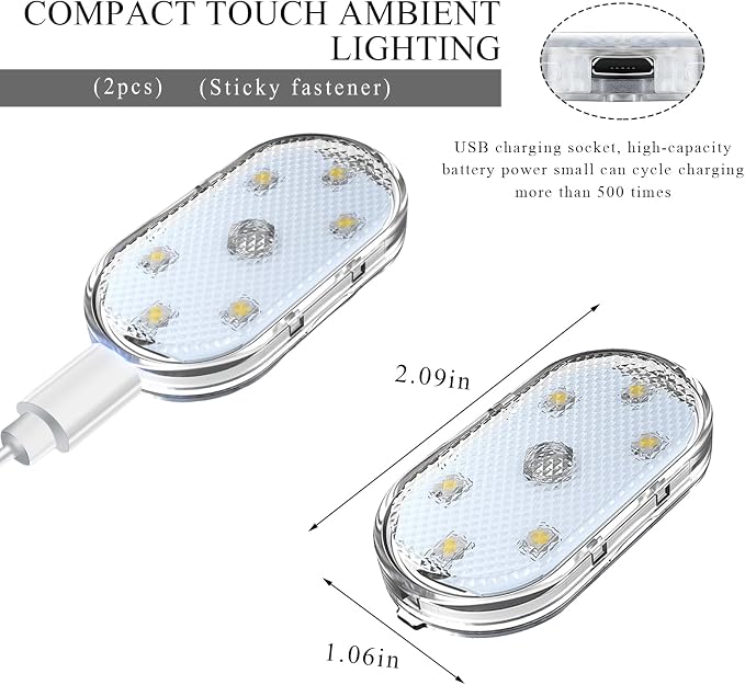 Wevdn 2 PCS Car LED Lights Interior Wireless, Sticky Car Ambient Lighting with 6 Bright LED Lamp Beads, Portable USB Rechargeable Vehicle Interior Led Night Light for Car (Blue) - Image 2