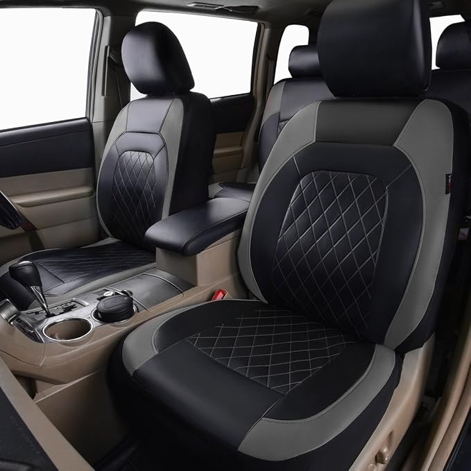 Universal Deluxe Pu Luxury Vinyl Faux Leather Car Seat Covers Full Set, Airbag Compatible, Breathable, Fit for Most Sedans, Vans, SUVs (Black and Gray) - Image 2