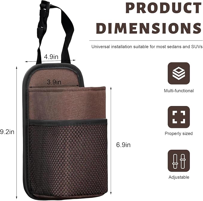 2 in 1 Large Car Cup Holder, 80 oz Multi-Function Auto Water Bottle Storage Bag with Mesh Pocket, Universal Hanging Seat Side Organizer Cup Holders for Car SUV Truck (Brown) - Image 2