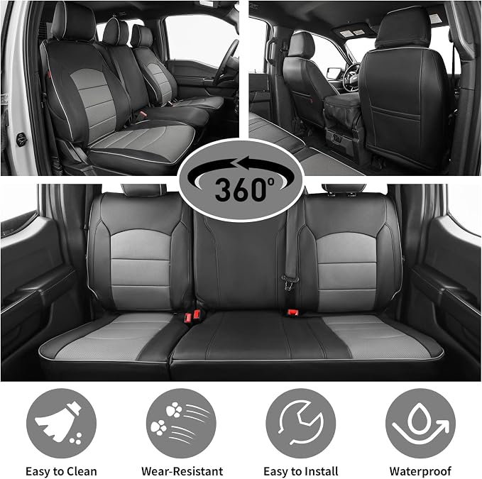 EKR F150 Seat Covers for(4 Door,SuperCrew) 2015-2020 Ford F150 & (CrewCab) 2017-2022 F250/F350/F450 Limited/King Ranch/Lariat/Platinum,Family &Pet Friendly-Faux Leather(Black/Gray) - Image 4