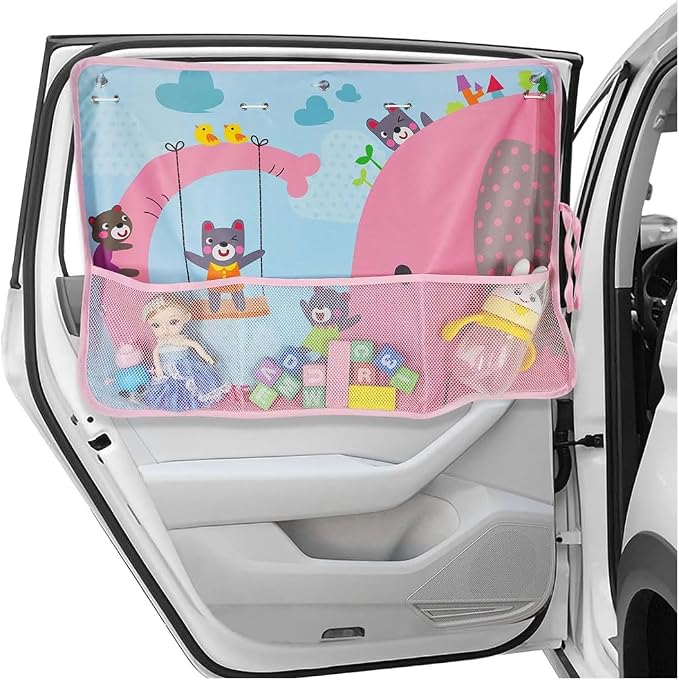 GLSOWEE Car Window Shade for Baby, Blackout Car Window Curtain, Elephant | Storage Pockets & 7 Suction Cups, Cartoon Pattern Car Side Window Sun Shade Cover for Sun/Heat/UV Rays Protection, Pink by GLSOWEE
