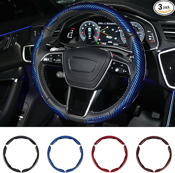 Hiseanllo Carbon Fiber Steering Wheel Cover 3PCS Set – Anti-Slip, Scratch-Resistant, Universal Fit for 14–16 Inch Wheels – Interior Car Accessories for Cars, SUVs, Trucks (Blue) by HiseanlloTech
