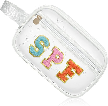 COSHAYSOO Clear Sunscreen Bag SPF Beach Vacation Essentials Waterproof Summer Pool Must Have Accessories for Women Teen Girls, Family Beach Day Organizer Toiletry Pouch Travel Gifts Preppy Letter by COSHAYSOO