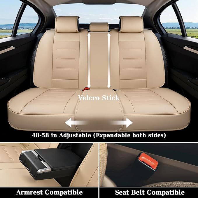 Coverado Car Seat Covers Full Set, Waterproof Car Seat Protector, Leather Seat Cushion, Universal Car Interior Covers Seat Protectors for Most Cars Beige - Image 3