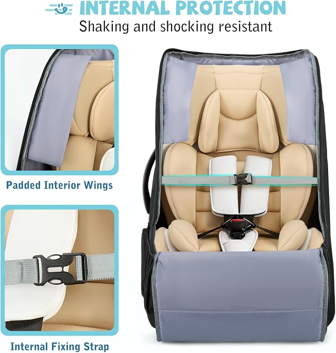 RAINSMORE Padded Car Seat Travel Bag for Airplane Car Seat Backpack, Black | Fits Infant Carrier & Boosters, Heavy-Duty Car Seat Cover for Air Travel Gate Check Carrier Bags for Airport with Side Pocket - Image 5