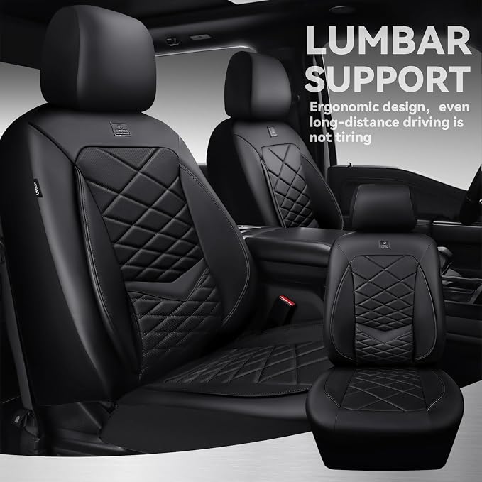 CAR PASS Luxury Nappa Leather Front Seat Covers, Waterproof 3D Foam Seat Covers with Lumbar Support, Breathable Auto Seat Cover Airbag Compatible Universal Fit for Sedan SUV Van Truck, All Black - Image 3