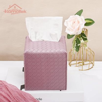 HOMOTEK 2 Pack Tissue Box Cover, Square PU Leather Tissue Holder, Decorative Facial Tissue Cube Paper Organizer Dispenser for Bathroom, Night Stands, Desk, Car 5X5X5'' - Woven Waffle,Plum Red - Image 5