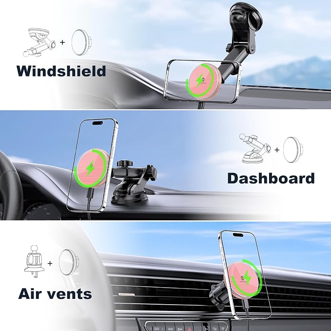 for Mag-Safe Car Mount Charger Dash Windshield Vent Magnetic Phone Holder | Wireless Car Charger with LED Light Car Phone Holder for iPhone 17 16 15 14 13 12 Series for MagSafe Pink - Image 3
