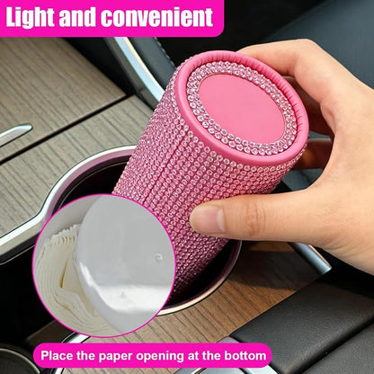 Craedli Bling Car Tissue Holder for Cup Holder, Sparkly Crystal Rhinestone Round Cylinder Car Tissue Box, Refillable Tissues Dispenser Auto Interior Paper Napkin Container with 1 Pack Tissues (Pink) - Image 5