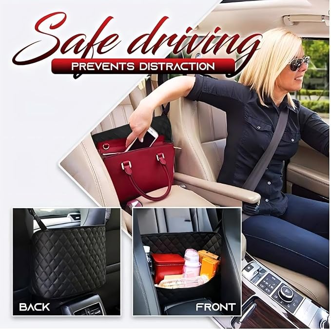 Car Net Pocket Handbag Holder，Purse Holder for Between Seats，Leather Seat Back Organizer Mesh Large Capacity Bag，Handbag Between The Two Seats - Image 2