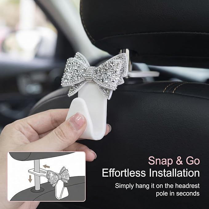 2 PCS Bling Car Seat Headrest Hooks, Crystal Rhinestone Bow Car Purse Hooks, Vehicle Seat Back Storage Hook for Handbag Purse Coat Grocery, Universal for SUV Truck Sedan (White) - Image 4