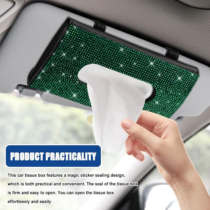 Bling Car Sun Visor Tissue Box Holder, Visor Accessories, Rhinestone PU Leather Crystal Sparkling Napkin Holder, Auto Sun Visor Paper Towel Cover Case Accessories for Most Cars (Green) - Image 4