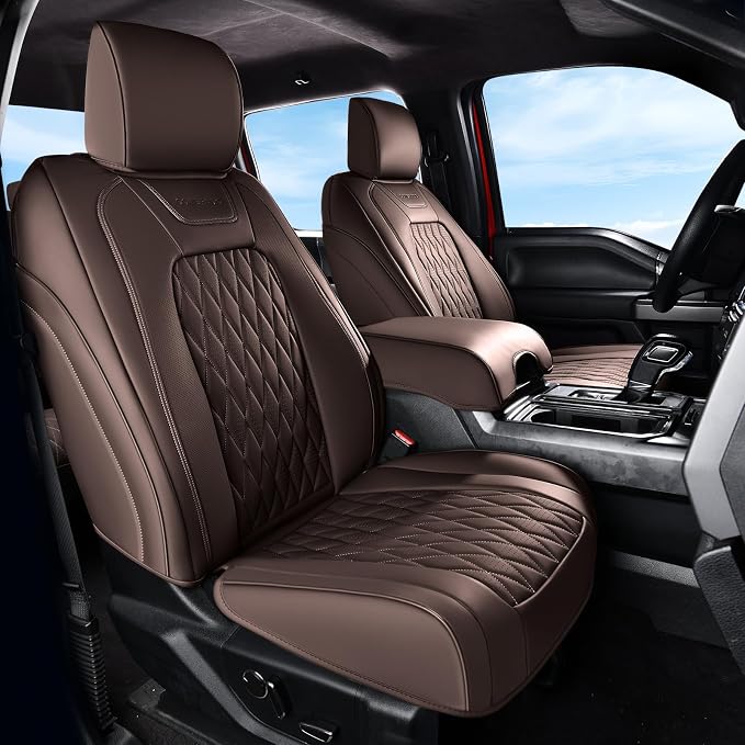 Coverado Premium Leather Front Seat Covers Waterproof Heavy-Duty Protectors Custom Fit for Ford F150 (2015-2026) F250/F350/F450 (2017-2026)-Brown, Vintage Style, Scratch-Resistant by COVERADOAUTO