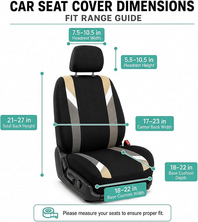 FH Group Front Set Cloth Car Seat Covers for Low Back Car Seats with Removable Headrest, Universal Fit, Airbag Compatible Seat Cover for SUV, Sedan, Van, Beige - Image 8