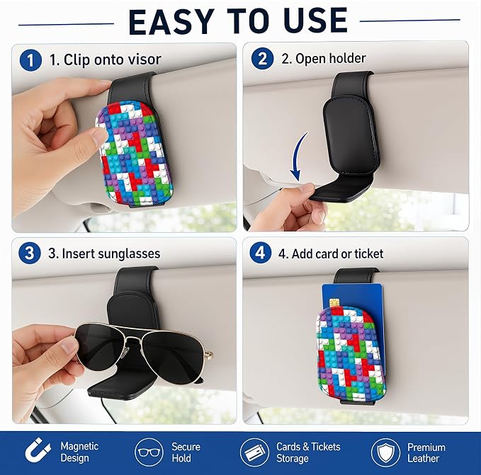 Leather Magnetic Sunglass Holder for Car Sun Visor, Cute Eyeglass Ticket Card Hanger Clip, Universal Auto Interior Accessories for SUV Pickup Truck, Color Blocks - Image 5