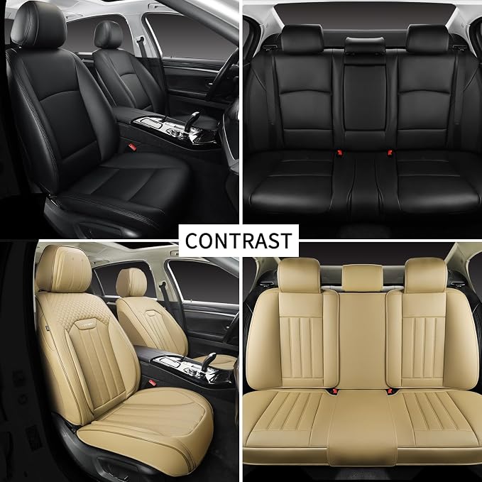 Beige Leather Seat Covers, 5 Seats Universal Car Seat Covers Full Set, Waterproof Automotive Seat Covers Breathable Front and Rear Seat Covers for Most Sedans SUVs Trucks - Image 6