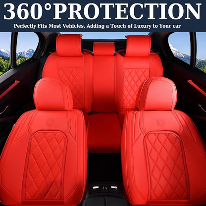 Coverado Car Seat Covers Full Set, 5 Seat Universal Seat Cover for Cars, Luxury Faux Leather Waterproof Seat Cover, Front and Back Car Seat Protector, Auto Seat Covers Fit for Most Vehicles, Red - Image 2