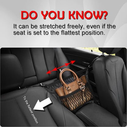 Car Organizer Between Front Seats, Purse Holder, Dog Barrier, Mesh Net Bag | AMEIQ Car Accessories, 3 Layers Net 2 Pockets Storage Bag, Purse Handbag Holder, Backseat Kid Pet Barrier, Black, Patented - Image 8
