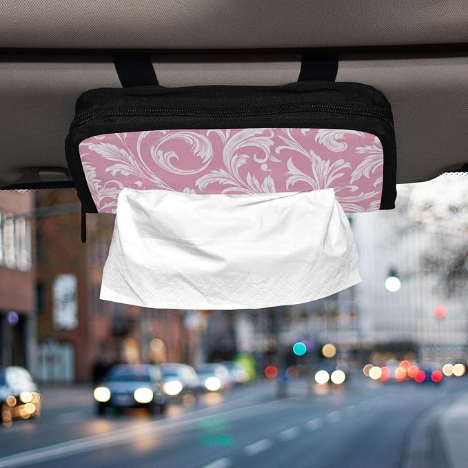 Car Tissue Holder Car Napkin Holder Tissue Box Dispenser Storage Case Sun Visor Mask Holder Accessories with Adjustable Straps Reusable Refillable Pink Damask Swirl - Image 6